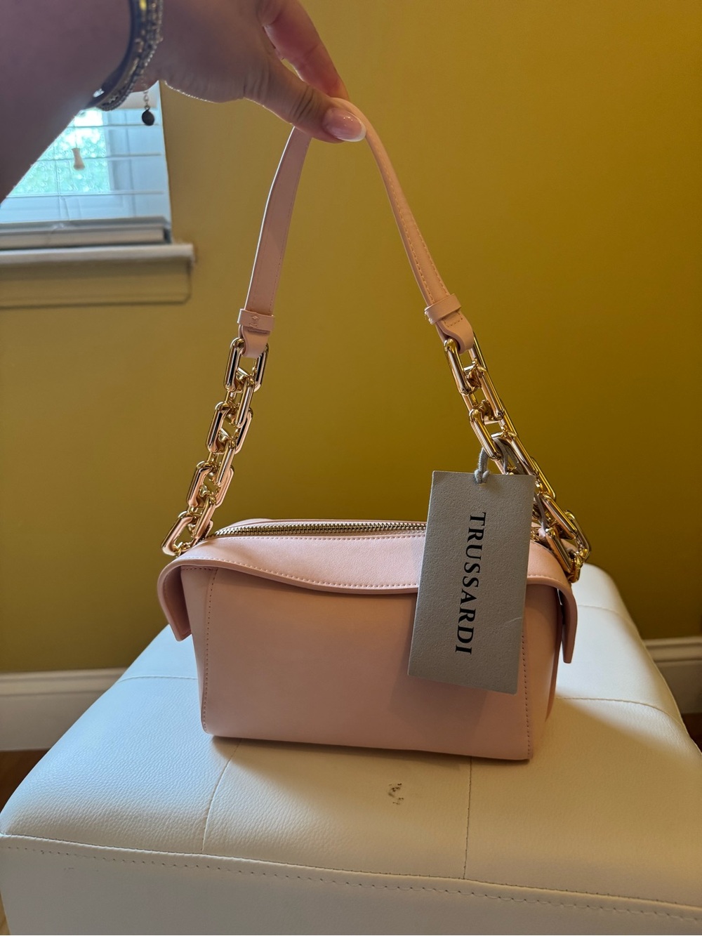 Trussardi Soft Pink Leather Shoulder Bag with Gold Chain Detail